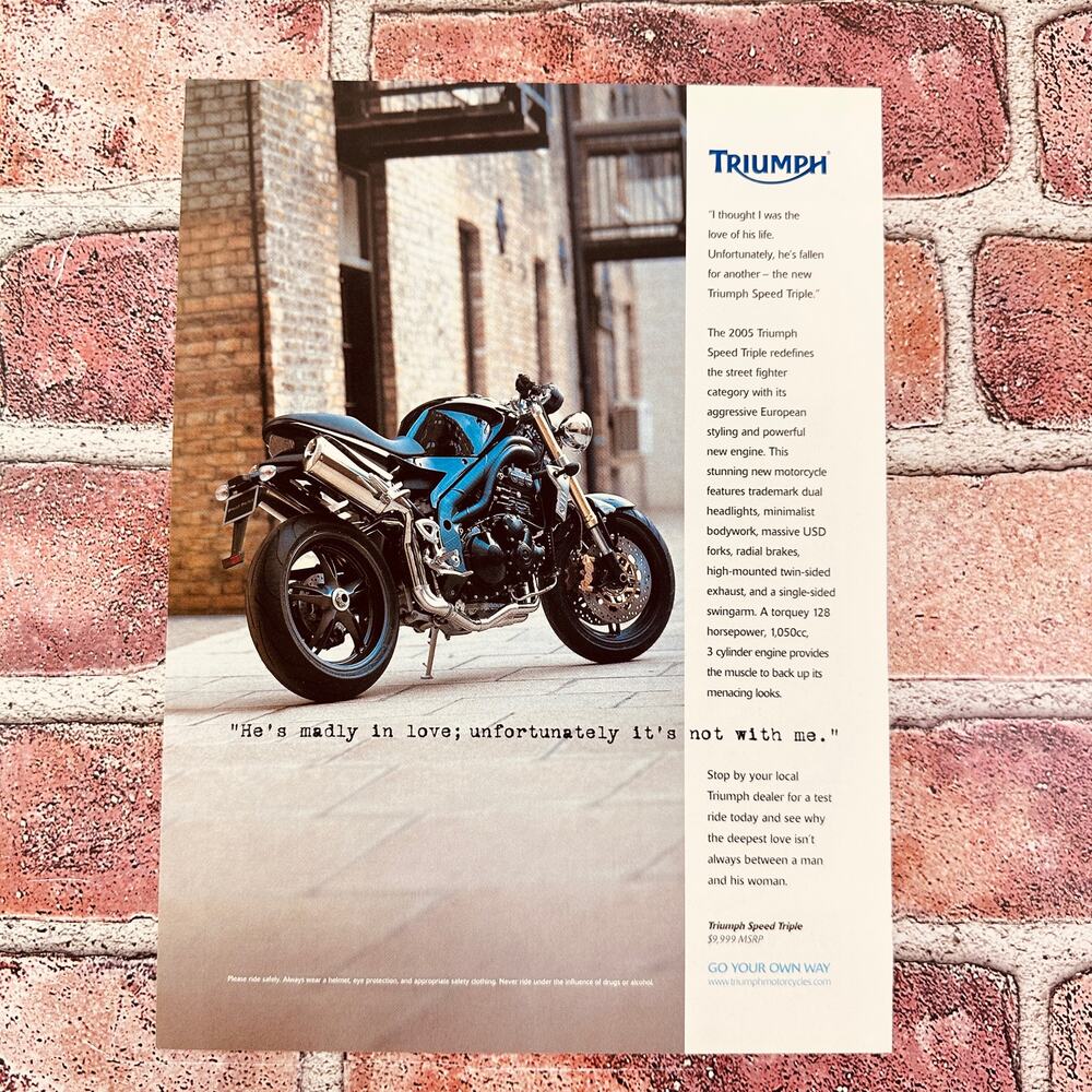 2005 Triumph Motorcycle Ad Madly In Love Unfortunately Y2K Speed Triple Print Ad